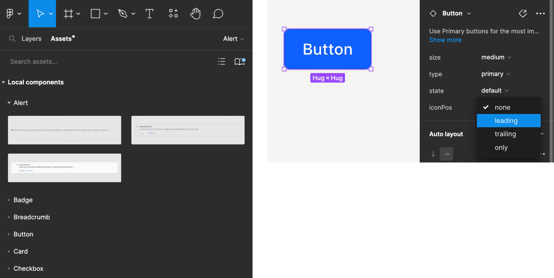 Inserting components from the assets panel